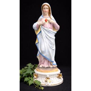 Large Polychrome Biscuit Subject , Virgin , Sacred Heart 19th Century , Religious Subject Napoleon III