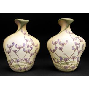 Pair Of Art Nouveau Vases Porcelain Turn Teplitz Amphora 1900 Decor De Gui XIXe Jugendstil