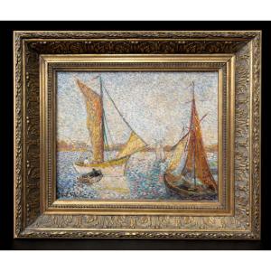 Oil On Panel , Post Impressionist , Pointillism , Seascape Signed Paul Flaubert , Sailboat