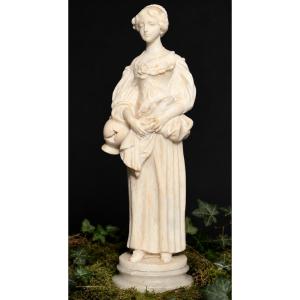 Alabaster Sculpture , Young Woman With A Broken Jug , d'Aprés Greuze , Style XVIIIe Florence