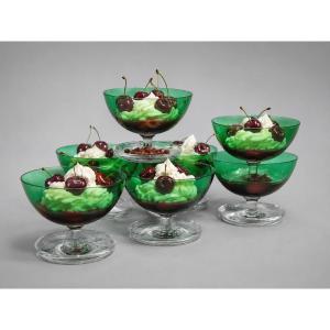 Série De 7 Fruits / Cerises Ice Cream Cups, Art Deco Crystal, Blue Green, 1900 Glass Bowls