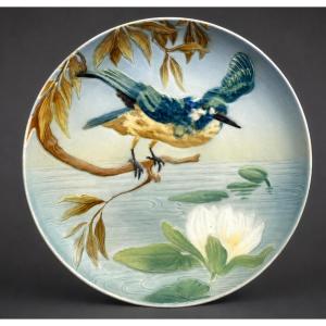 Plat En Barbotine Decor Art Nouveau , Oiseau Branché , 1900 , Faince De St Clement , Nenuphar