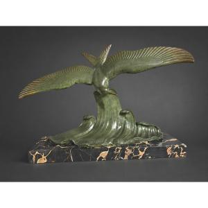 Bronze Animal , Seagull On Wave , Signed Lucien Gibert , Art Deco , Green Patina 1920