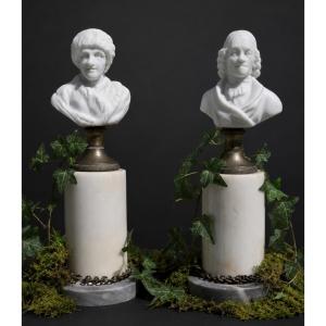 Pair Of Biscuit & Marble Busts , Voltaire & Jean Jacques Rousseau 1800 , Philosopher 18th Century