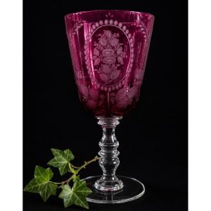 Large Chalice , 19th Century Wedding Glass , Garnet Red , Engraved Flower Design , Napoleon III