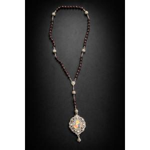 Large Massive Silver Rosary & Garnet Cabochons Painted On Velvet, Virgin And Child 19th Century