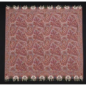 19th Century Cashmere Shawl , Napoleon III Period , Plaid , Stole , Palmettes , Pink , Blue , Ivory