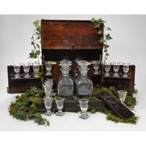 Flamed Mahogany Liqueur Cellar, Cigars - Restoration Period, 19th Century , Casket , Baccarat