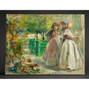 Oil On Canvas Signed Antoine Calbet (1860-1944) - Elegant Women In The Garden , Impressionist Style