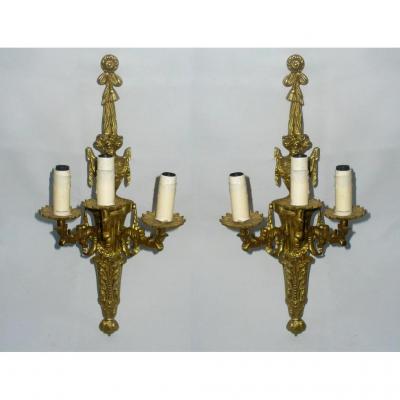Pair Of Large Gilded Bronze Appliques, Louis XVI Style, 1900s Luminaire