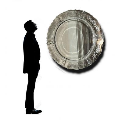 Large Venetian Mirror, Circular Shape Period 1930 Venice Murano Art Deco 100cm Diameter