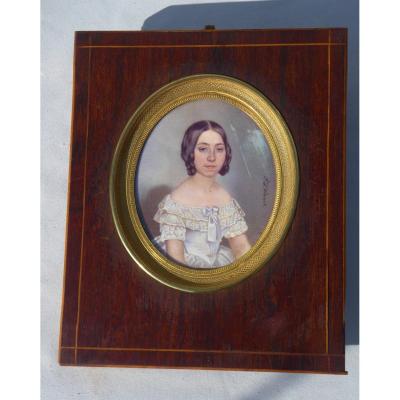 Large Minature Painted , Portrait Of Young Woman 1840 Crinoline Dress Signed Delinont