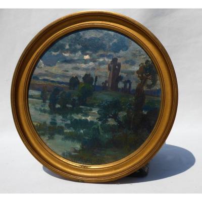 Oil On Panel Art Deco Moon