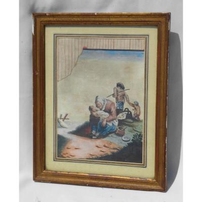 Watercolor / Gouache Trompe l'Oeil XIXth Century Optical Illusion Eighteenth Style Frame