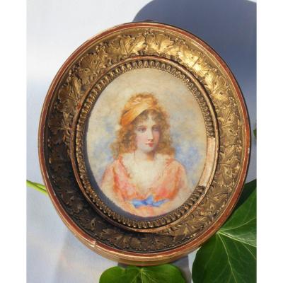Portrait Of Young Girl Miniature, Watercolor Nineteenth, English School Golden Stucco Frame