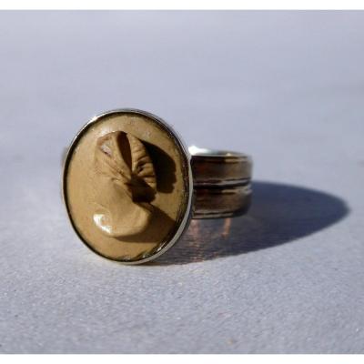 Silver Ring & Lava Stone Souvenir From The Nineteenth Vesuvius Grand Tour, Napoleon III Jewel Cameo