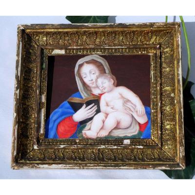 Gouache On Velin Eighteenth Century Virgin And Child Golden Stucco Frame, Religious Painting