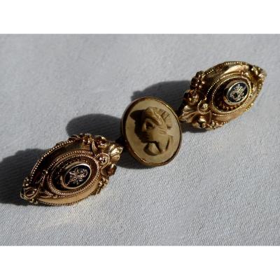 Brooch Napoleon III XIX Lava Stone Cameo Antique Profile Souvenir From The Grand Tour Bijou