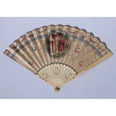 Empire Period Fan, Colorized Engraving With Children's Decor, Nineteenth Fan