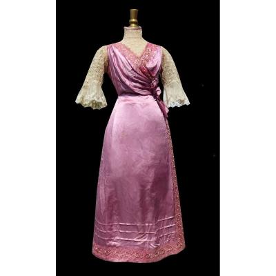 1910 Day Dress, Belle Epoque, Pink Silk, Old Fashion Lace Costume Titanic