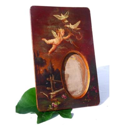 Photographic Frame In Painted Wood, Period 1880 - 1900, Cherub Colombes Ange Photo Nineteenth