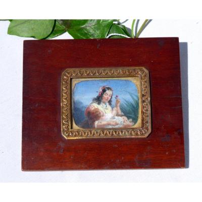 Miniature Painting On Copper, 1850 Period Nineteenth Maternity Scene, Baby Napoleon III