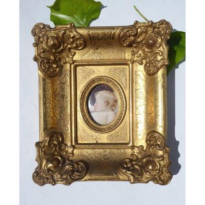 Portrait Of A Sleeping Child Miniature Painted Y Golden Frame Nineteenth, King Of Rome Aiglon