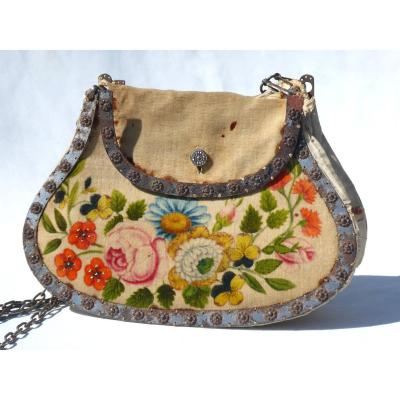 Bag / Reticle, First Empire Period, Charles X, Painted Velvet, Chatelaine Fashion Nineteenth Costume