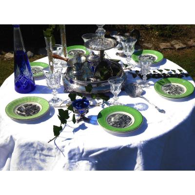 Series Of 12 Earthenware Plates Of Digoin Dessert Hunting Decor / Humorous Hunting Nineteenth