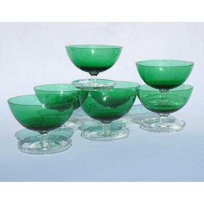 Series Of 7 Fruit / Cherry Ice Cream Cups, Art Deco Crystal, Blue Green, 1900 Glass Bowls