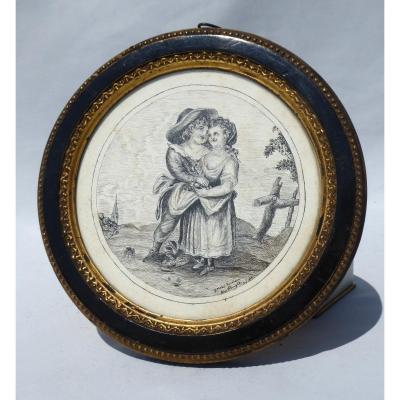 Chinese Ink Drawing, Napoleon III Period, Romantic Scene Nineteenth Frame Couple Of Children