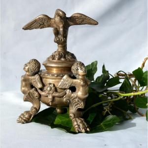 Office Inkwell In Bronze, Napoleon III Period, Chimeres & Phenix Nineteenth Writing Desk