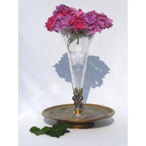 Large Table Centerpiece Bronze & Crystal Tulipiere Nineteenth Napoleon III Mythology Vase