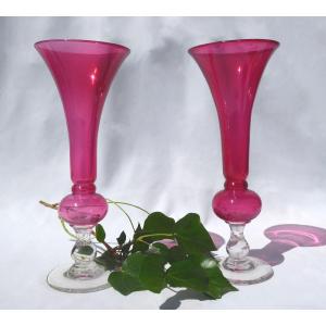 Pair Of Glass Cornet Vases Napoleon III Period, Crushed Raspberry Nineteenth Legras