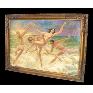 Oil On Canvas Art Deco Period Young Bathers Beach Scene Signed Weyh J. 1925 Naked Woman