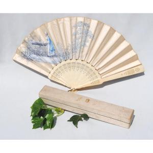 Evening Fan 1890 Original Box Painted Leaf With Ivory Servant Decor Nineteenth