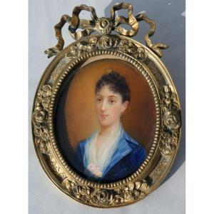 Large Miniature Painting On Ivory Portrait Young Woman 1880 Signed Anne Jumont Bronze Frame