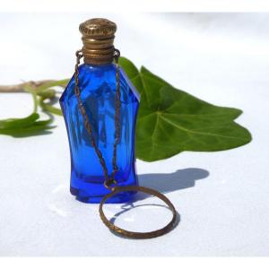 Napoleon III Period Salt Bottle, 19th Century Blue Glass, Chatelaine Perfume / Vinaigrette