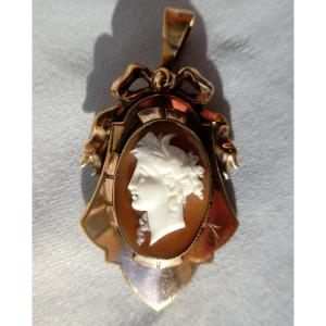 Napoleon III Shell Cameo, Antique Profile, Young Woman, 19th Century Jewel Pendant