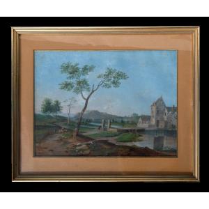 Gouache Empire Period, Landscape Decor, Country Scene Around 1800, Nineteenth