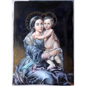 Portrait Of The Virgin With The Rosary Limoges Enamels Nineteenth Time Enamel Signed, Religious Scene
