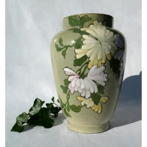Large Earthenware Vase Signed Edmond Lachenal Decor Of Japanese Art Nouveau Flower Bouquets
