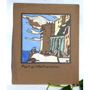 Stencil Gouache Period 1930 Villefranche Sur Mer Art Deco Mediterranean Numbered Signed