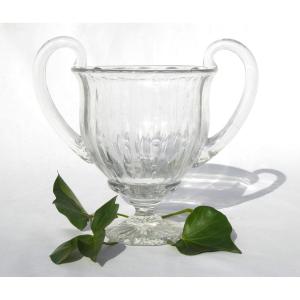 Baccarat Cut Crystal Vase, Mortar With Handles, Medicis, Flat Sides