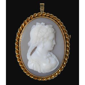 Cameo In Agate Napoleon III Period, Brooch & Pendant, Profile Of Young Woman 1860 Gold Mount