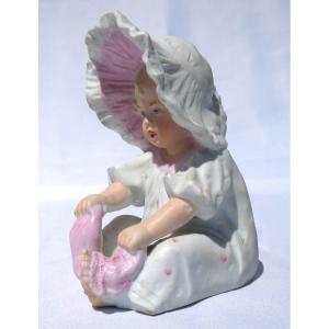 German Piano Baby; Heubach Biscuit Doll, Germany 19th Century; 1900 Baptism Sock