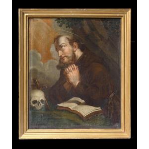 Oil On Canvas, Saint Francis In Prayer, Vanity Nineteenth Century Human Skull Meditation Ecstasy