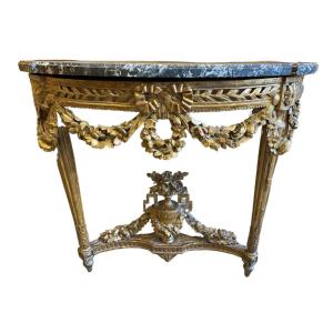 Louis XVI Period Console In Carved And Gilded Wood In The Shape Of A Half Moon