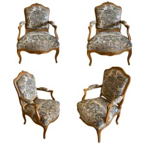 Set Of Four Large Armchairs With Flat Backs From The Louis XV Period