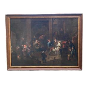 Large Flemish Painting Depicting A Joyful, Lively Tavern Scene From The 17th Century